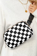 White Checkered Print Buckle Wide Belt Crossbody Bag