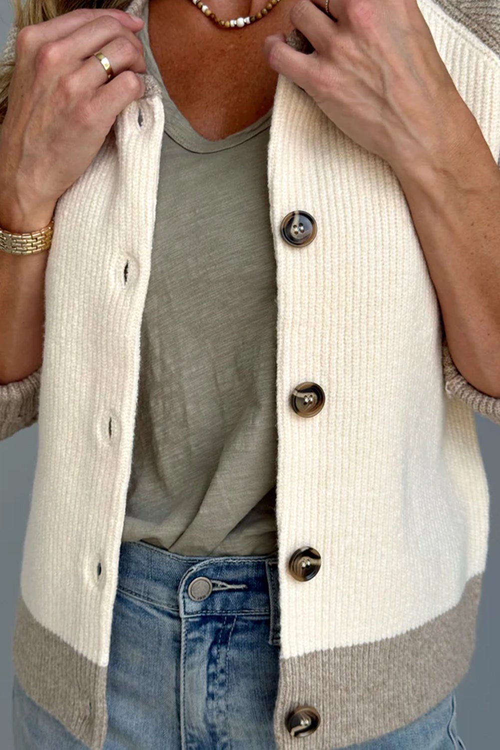 White Colorblock Button Front Casual Cardigan