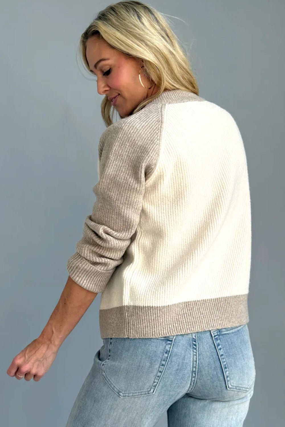 White Colorblock Button Front Casual Cardigan