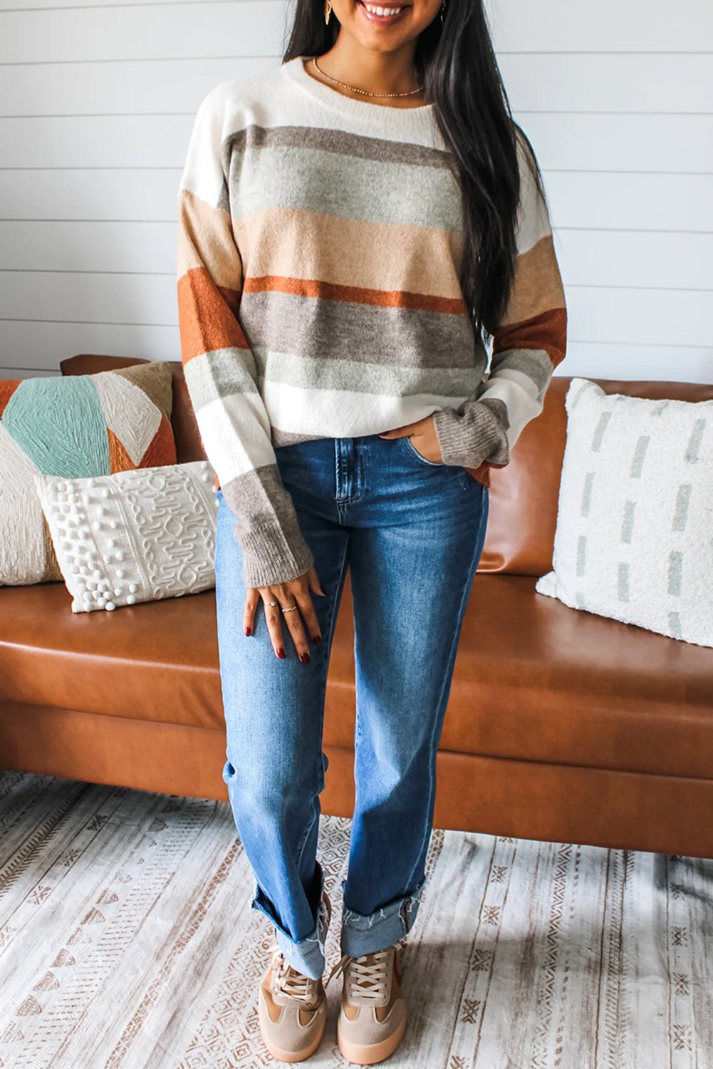 White Colorblock Striped Round Neck Drop Sleeve Sweater