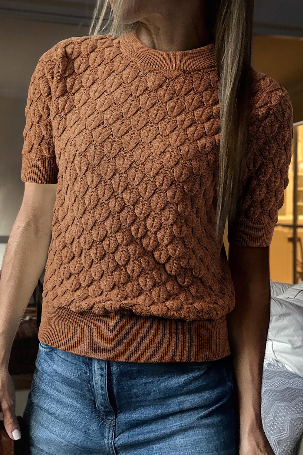 White Fish Scale Textured Knit Ribbed High Neck Short Sleeve Sweater