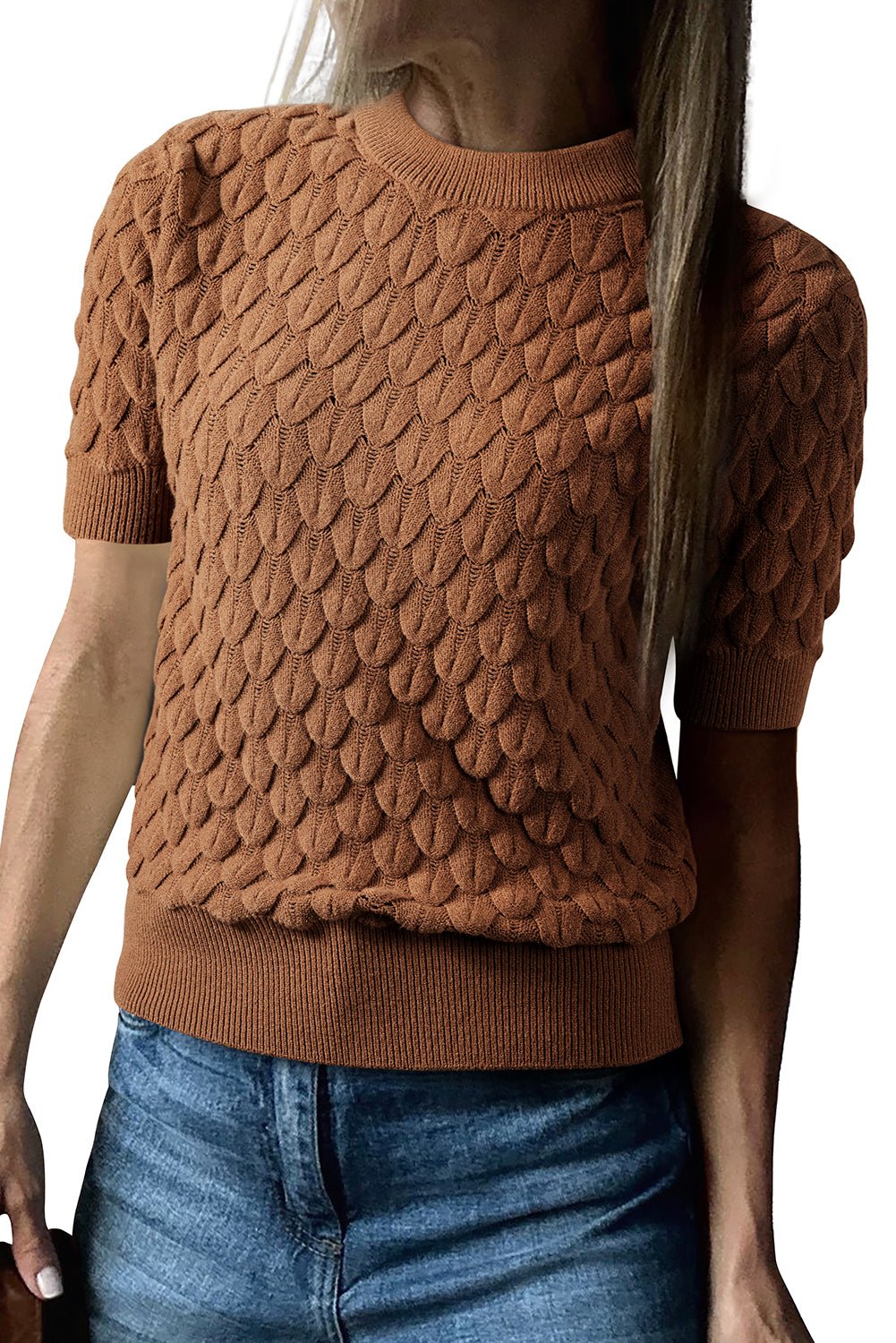 White Fish Scale Textured Knit Ribbed High Neck Short Sleeve Sweater