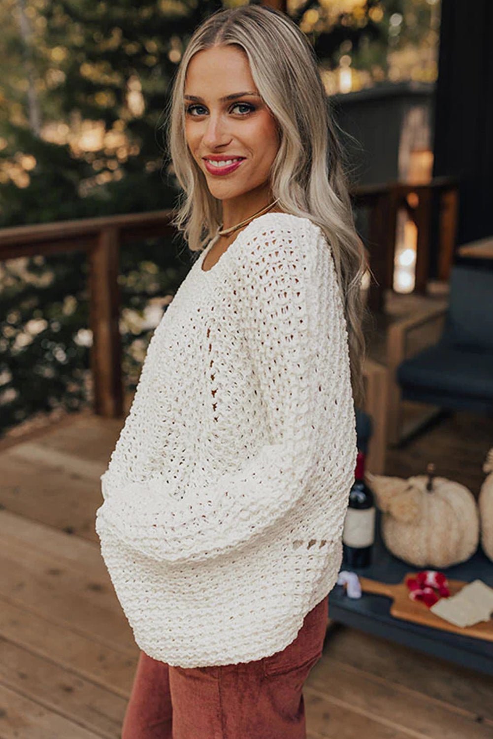 White Hollowed Detail Wide Sleeve Loose Pullover Sweater