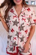 White Leopard Star Print Ruffle Trim Pajama Set