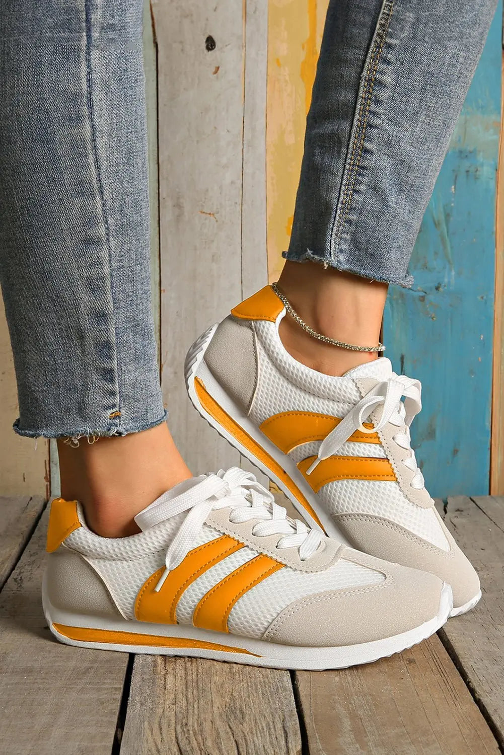 White Patchwork Breathable Lace Up Sneakers