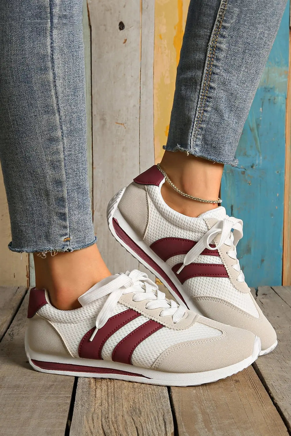 White Patchwork Breathable Lace Up Sneakers