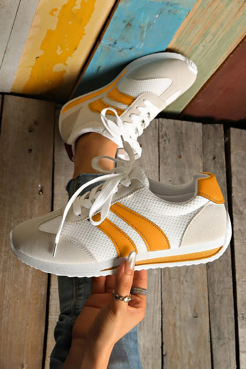 White Patchwork Breathable Lace Up Sneakers