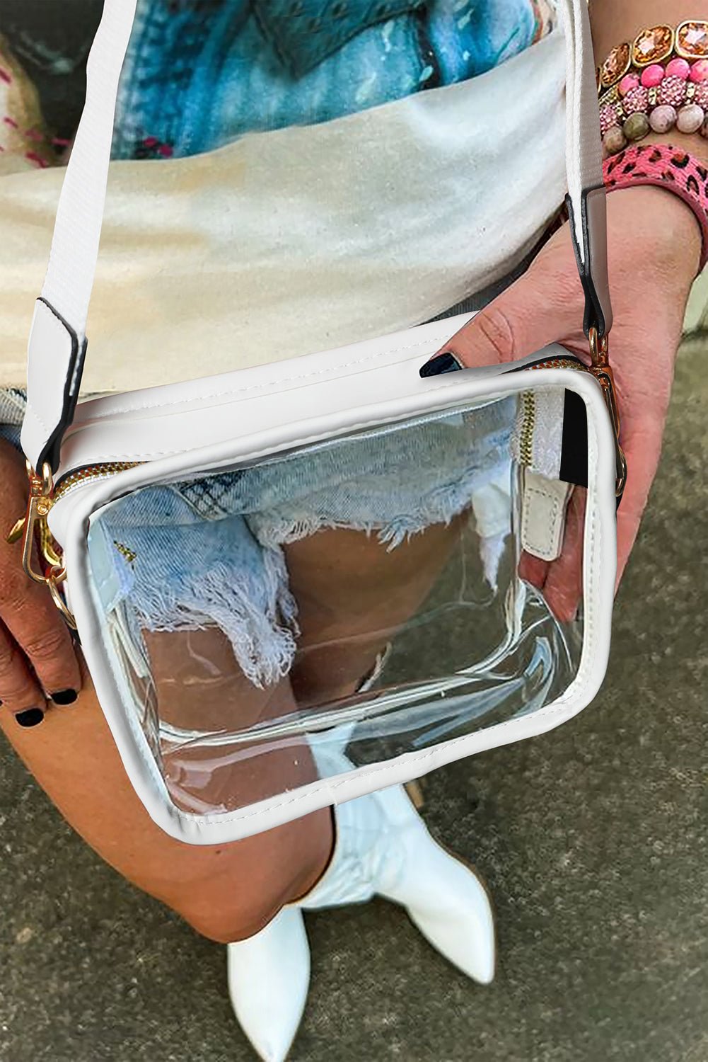 White PU Leather Strap Clear PVC Crossbody Bag