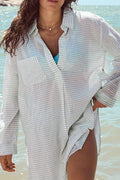 White Stripe Collared V Neck Chest Pocket Long Sleeve Beach Cover up