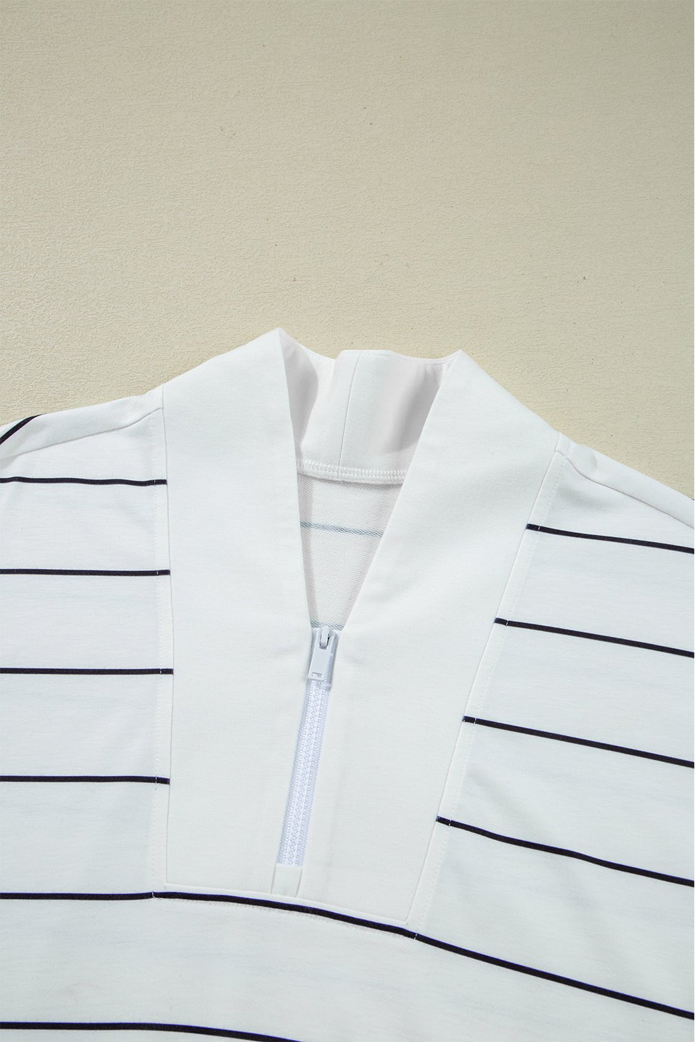 White Striped Zipper V-Neck Drop Sleeve Top