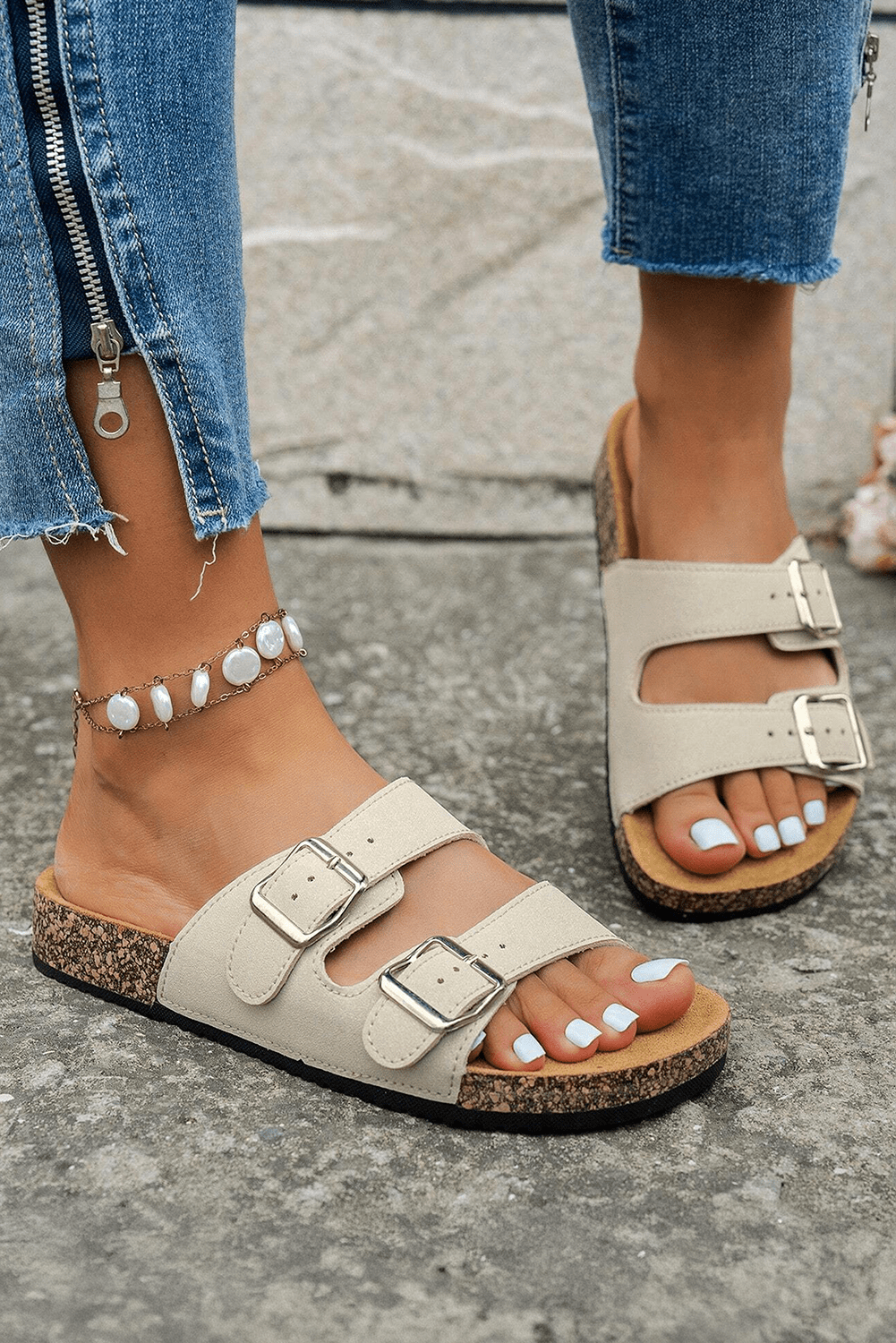 White Vintage Double Buckle Comfortable Slippers