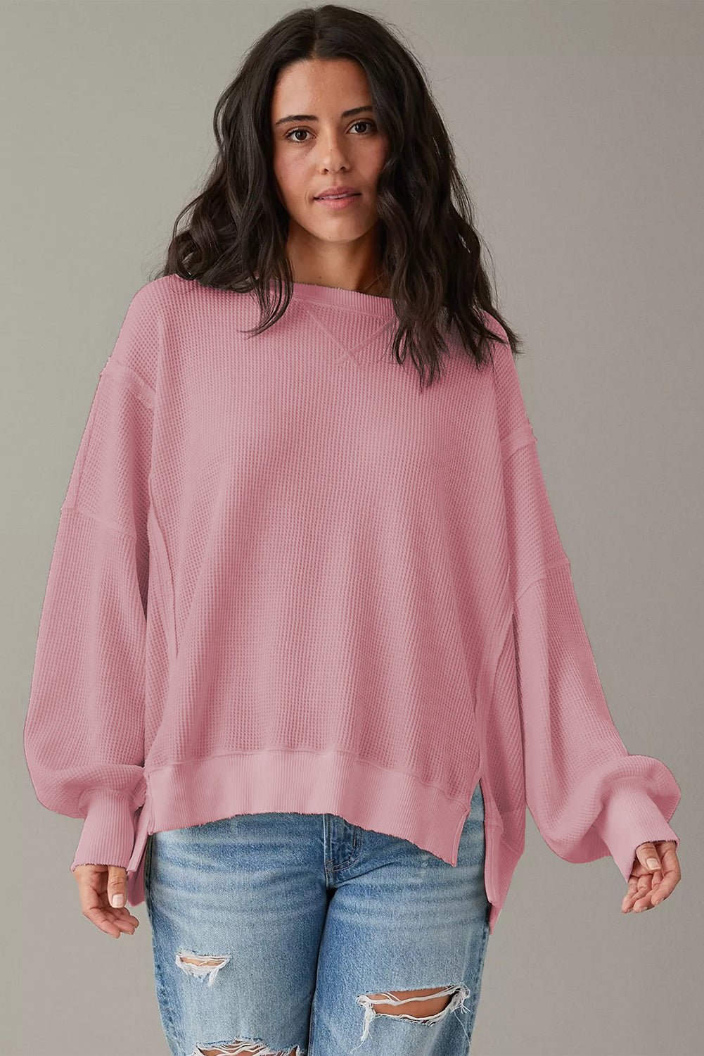 White Waffle Bishop Sleeve Split Oversized Sweatshirt