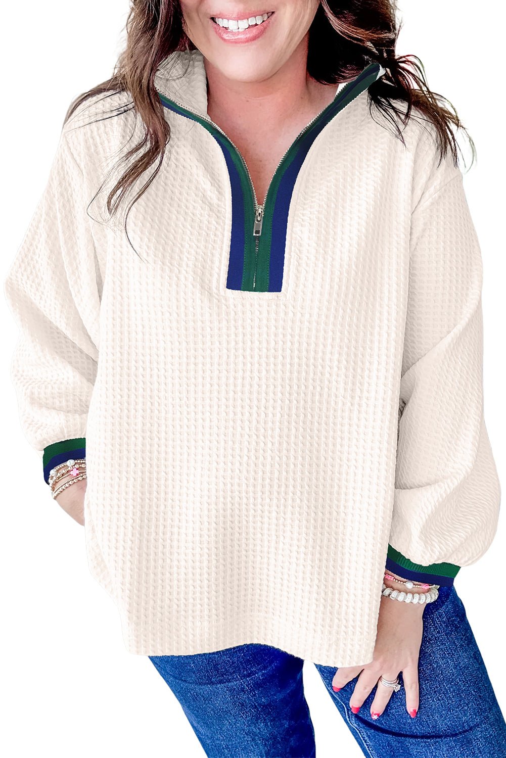 White Waffle Textured Contrast Polo Neck Zip up Jumper