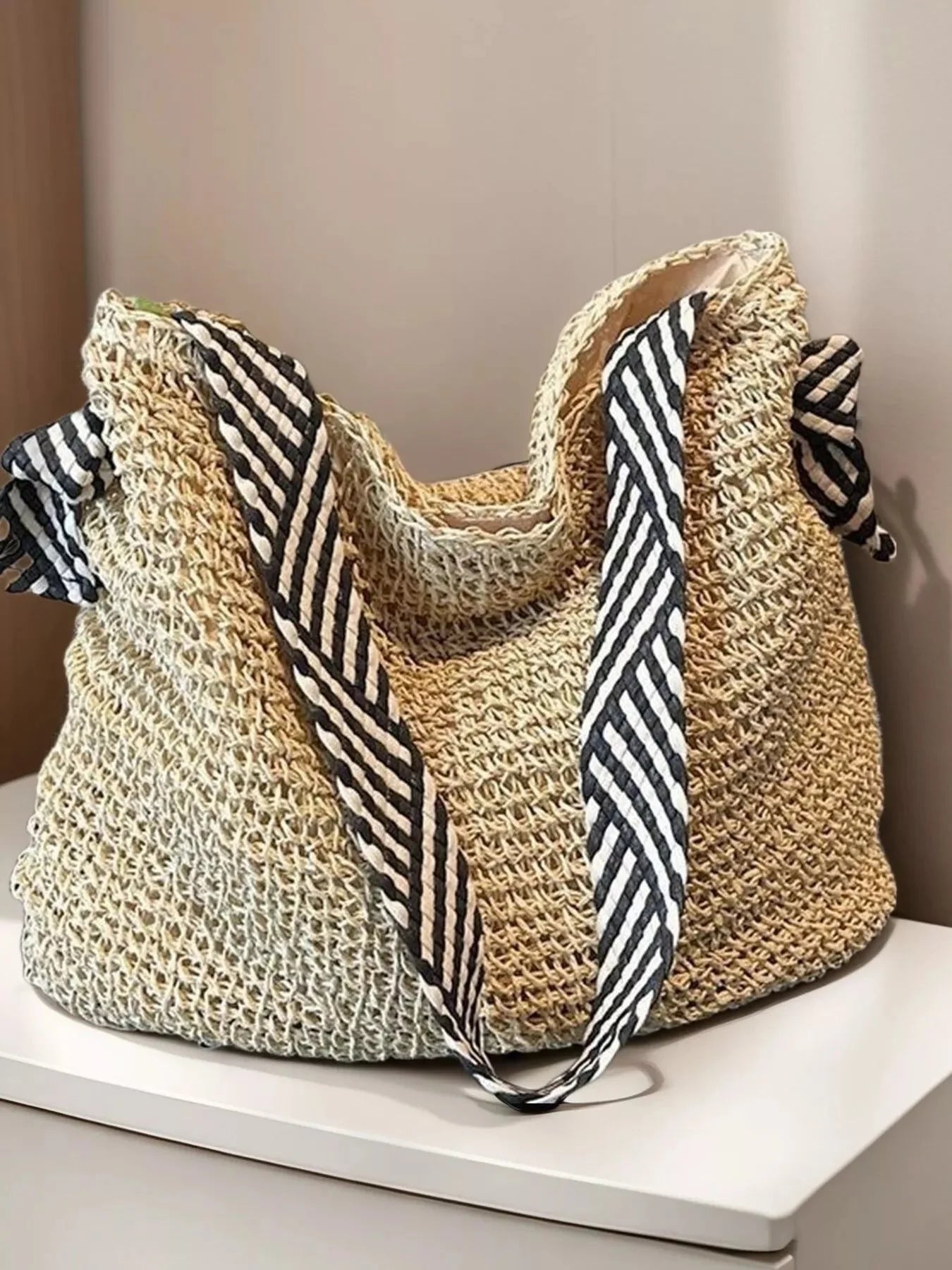 Woven Straw Shoulder Bag with Striped Handles